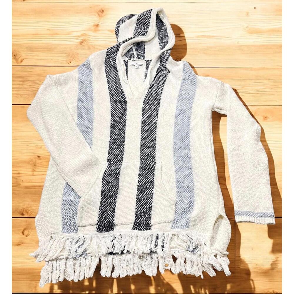 Baja Hoodie Women S White Blue Gray Striped Fringe Hem Beach Surf Sonoma